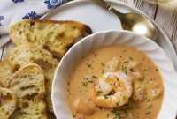 Creamy Shrimp Bisque with Crispy Pancetta and Garlic Croutons
