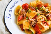 Calamarata Pasta with Tender Calamari in Tomato Sauce