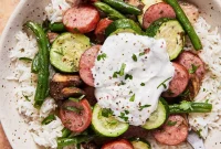 Sausage and Roasted Veggie Bowls with Creamy Yogurt Drizzle
