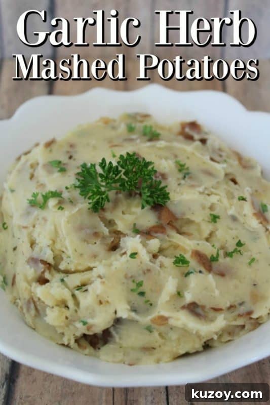 Creamy Garlic-Herb Mashed Potatoes in a Crock Pot 2 Garlic Herb Mashed potatoes over a white bowl filled with potaotes