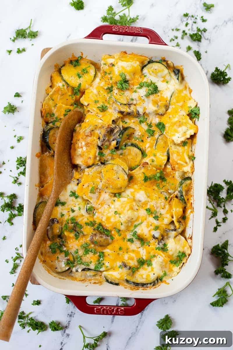 Baked Ravioli Alfredo Casserole with Creamy Parmesan Sauce 2 Finished dish of Ravioli Alfredo with Zucchini and Mushrooms.