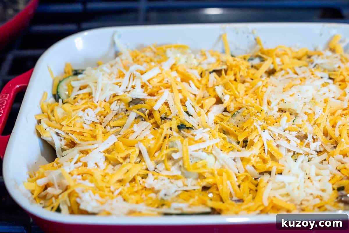 Baked Ravioli Alfredo Casserole with Creamy Parmesan Sauce 10 Unbaked Ravioli Alfredo in baking dish with shredded cheese on top.