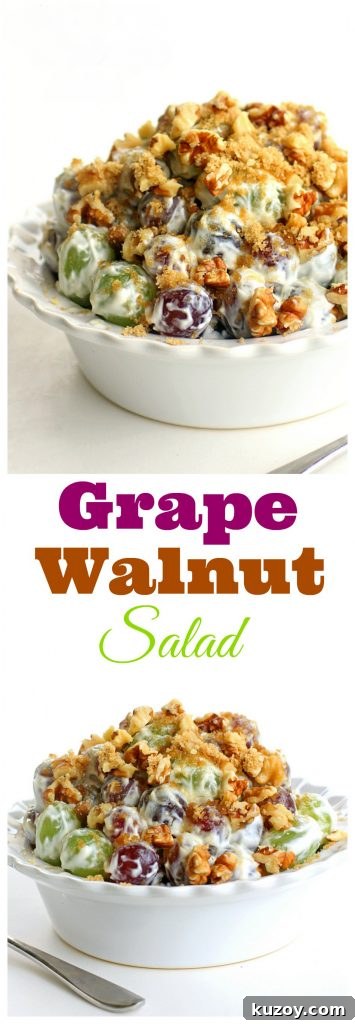 Creamy Grape Salad Recipe with Sweet Yogurt Dressing 5 This Grape Salad is a unique fruit salad that is always a crowd pleaser and great for potlucks! Red and green grapes with brown sugar, pecans or walnuts, cream cheese, and sour cream.