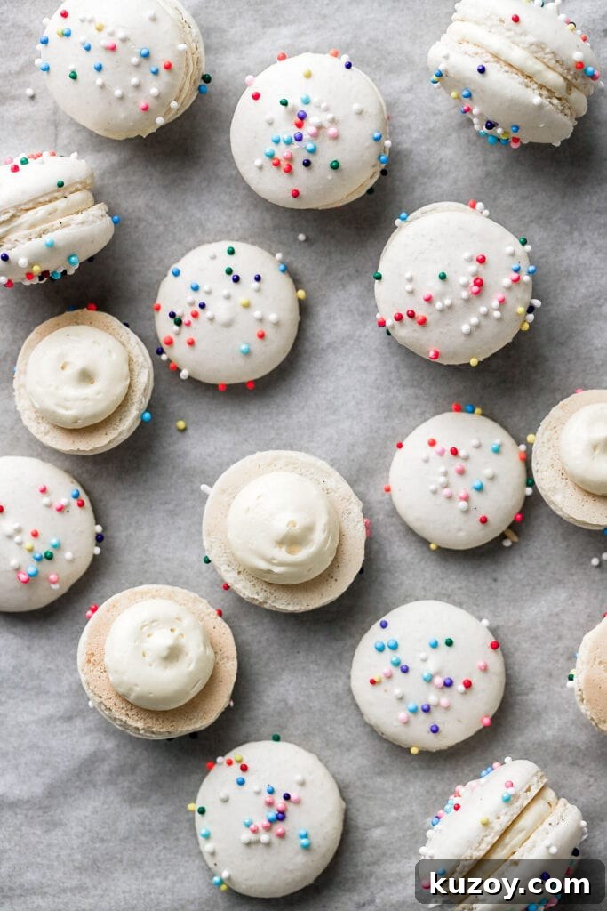 Mini Macarons: Bite-Sized French Cookie Recipes & Tips 3 mini macarons with french buttercream and sprinkles