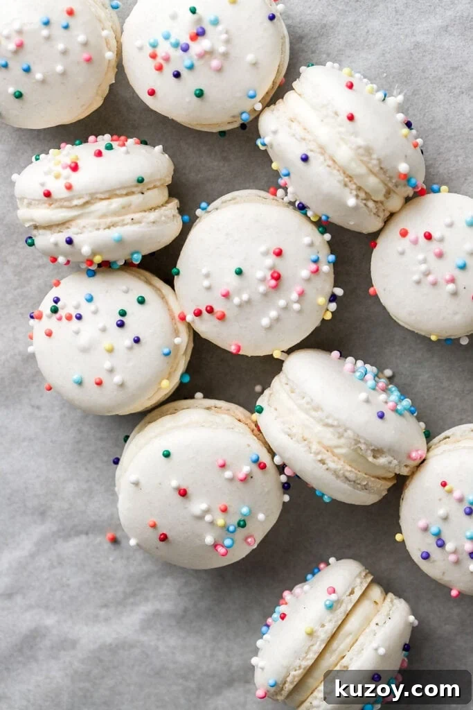 Mini Macarons: Bite-Sized French Cookie Recipes & Tips 5 macarons with sprinkles and french buttercream