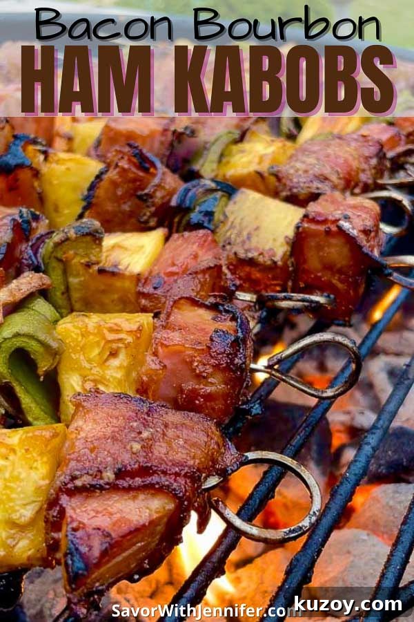 Grilled Bourbon Bacon, Ham & Pineapple Kabobs Recipe 7 pinterest image of Bourbon Bacon Ham and Pineapple Kabobs on the Grill