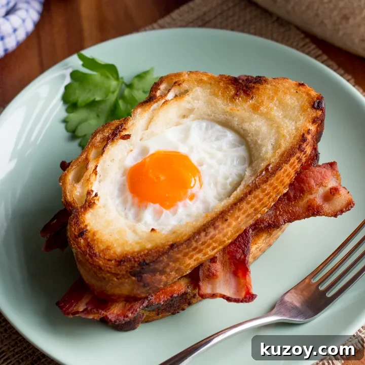 Egg-in-a-Hole Bacon Sandwich Recipe for Breakfast Bliss 3 Egg in a hole bacon sandwich on a green plate