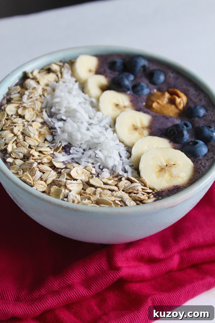 Smoothie Bowl Recipe Close Up in Blue Bowl