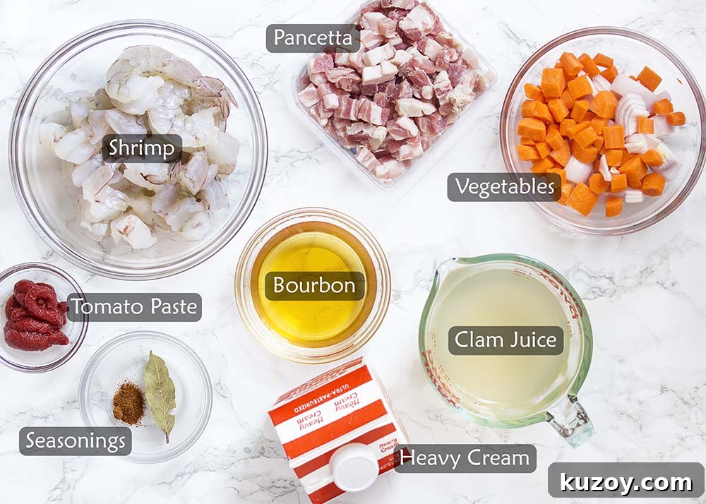 Learn how to make the best creamy shrimp bisque! This easy French recipe features a rich stock using the shells, tomato paste, and a bit of bourbon to create a wonderfully complex soup. | justalittlebitofbacon.com #shrimprecipes #seafoodrecipes #souprecipes #frenchfood #shrimp #bisque #french Ingredients for the recipe.