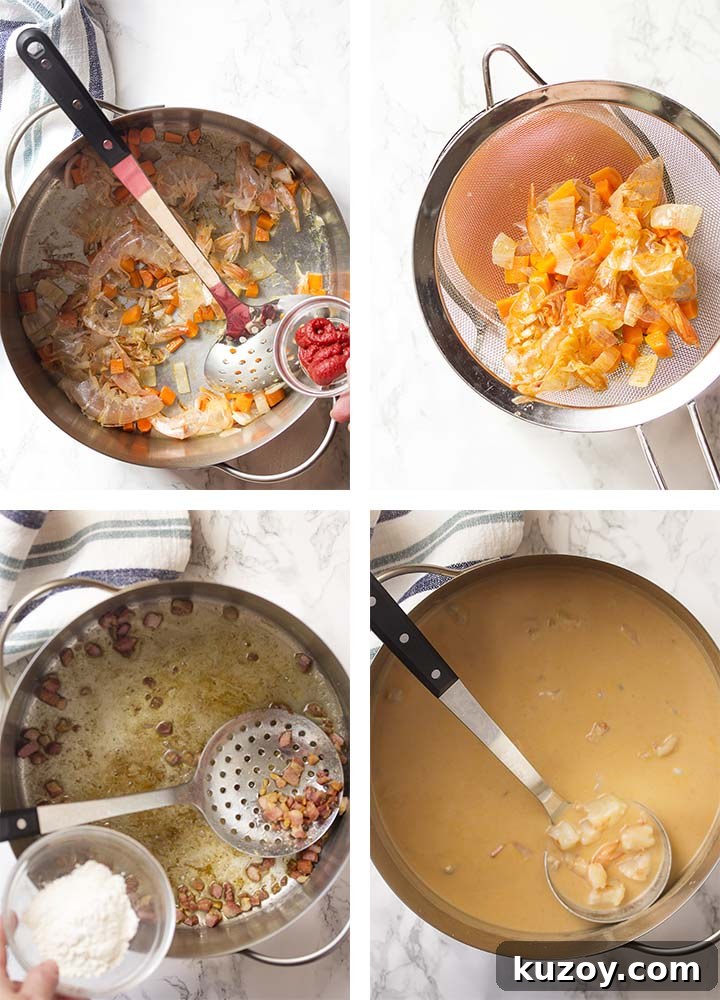 Learn how to make the best creamy shrimp bisque! This easy French recipe features a rich stock using the shells, tomato paste, and a bit of bourbon to create a wonderfully complex soup. | justalittlebitofbacon.com #shrimprecipes #seafoodrecipes #souprecipes #frenchfood #shrimp #bisque #french Step by step on how to make the recipe.