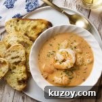 Creamy Shrimp Bisque with Crispy Pancetta and Garlic Croutons 2 Learn how to make the best creamy shrimp bisque! This easy French recipe features a rich stock using the shells, tomato paste, and a bit of bourbon to create a wonderfully complex soup. | justalittlebitofbacon.com #shrimprecipes #seafoodrecipes #souprecipes #frenchfood #shrimp #bisque #french