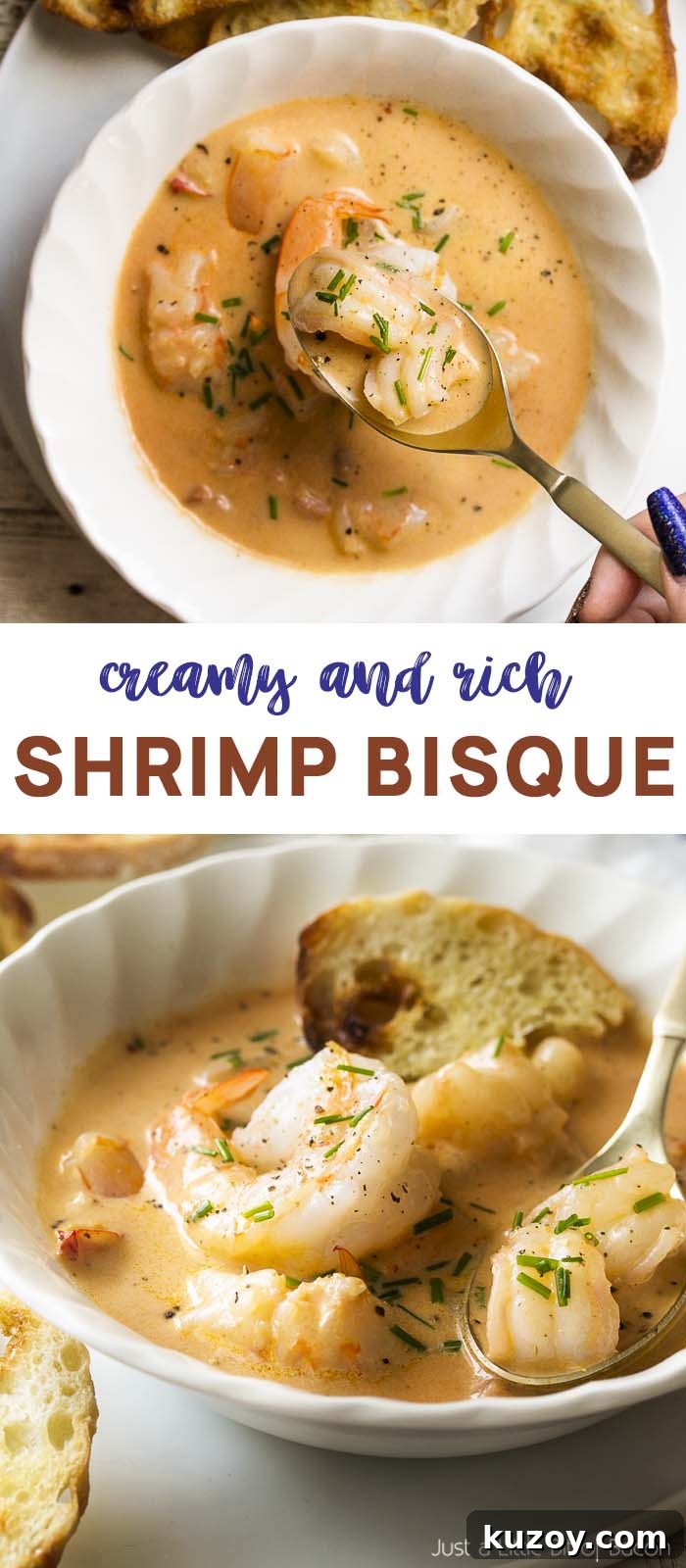 Learn how to make the best creamy shrimp bisque! This easy French recipe features a rich stock using the shells, tomato paste, and a bit of bourbon to create a wonderfully complex soup. | justalittlebitofbacon.com #shrimprecipes #seafoodrecipes #souprecipes #frenchfood #shrimp #bisque #french Two views of soup in a white bowl with a spoon and text overlay - Shrimp Bisque.
