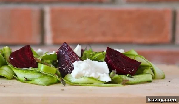 Asparagus Ribbon Salad with Beets and Creamy Burrata 3 Front closeup of salad.