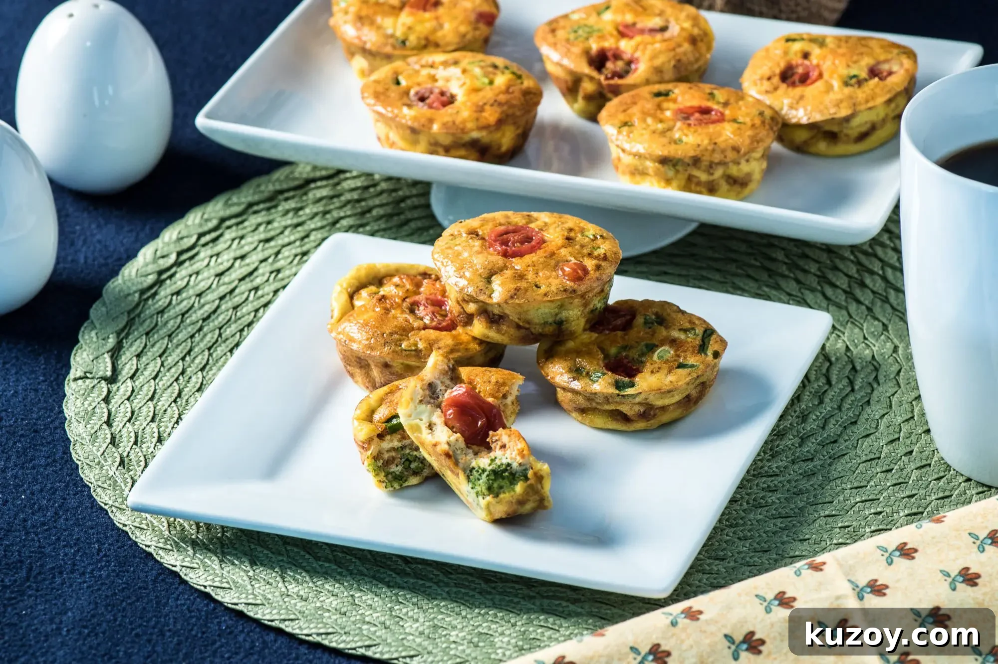 Chorizo, Broccoli & Cheese Egg Muffin Cups 8 Full set two plates
