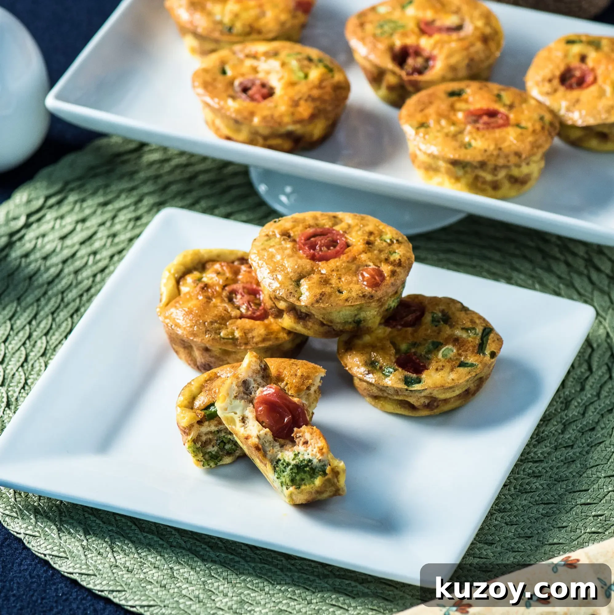 Chorizo, Broccoli & Cheese Egg Muffin Cups 5 Two plates of egg muffins