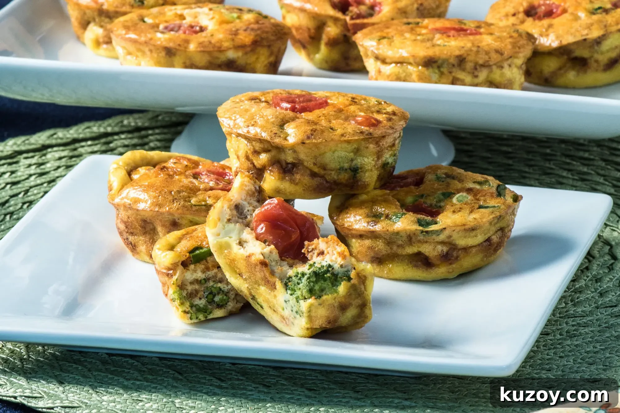 Chorizo, Broccoli & Cheese Egg Muffin Cups 6 Closeup low angle egg muffin