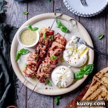 Grilled Mortadella Skewers with Burrata & Italian Herb Sauce