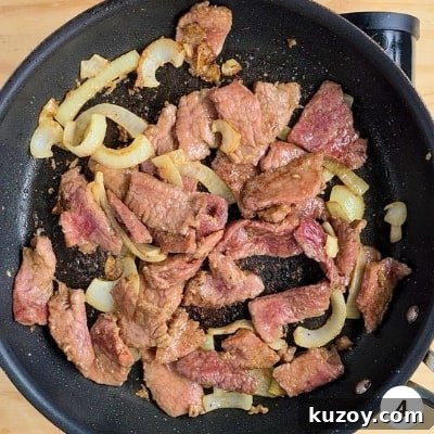 beef slices lightly browned but not cooked through