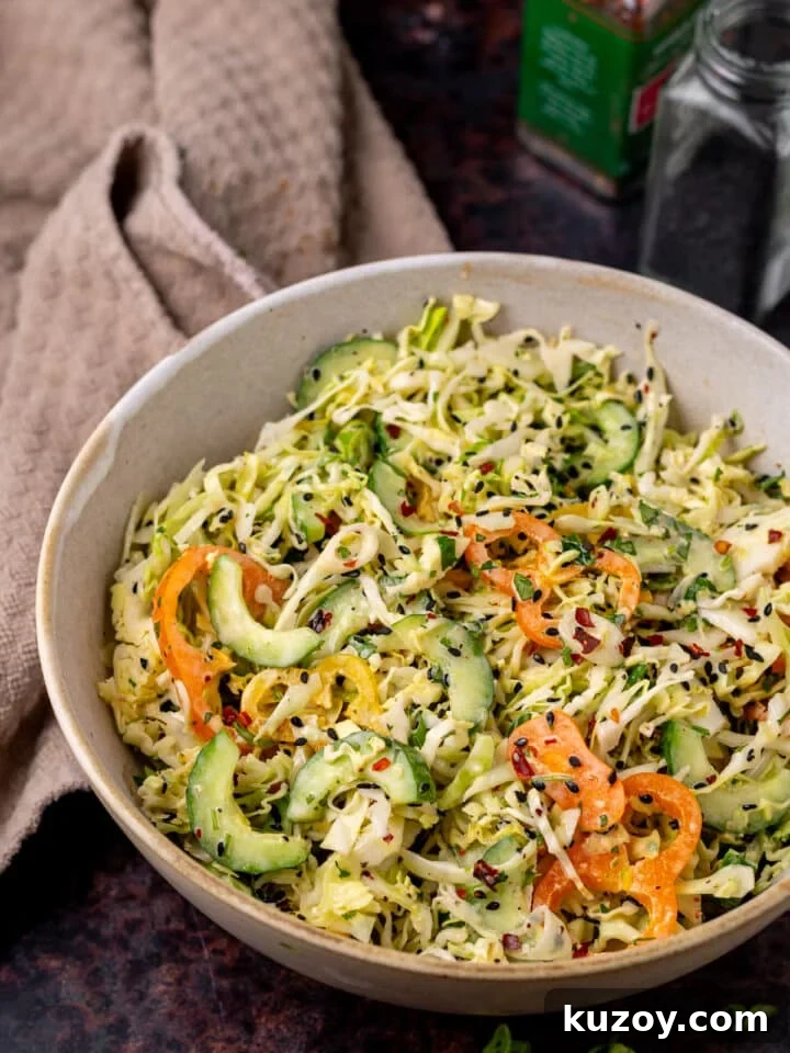 Asian Cucumber Slaw with Tangy Sweet Chili Dressing — Fresh Crunch and Zing 2 Large bowl with thinly sliced cucumber, peppers, cabbage, sesame seeds and creamy sweet chili dressing
