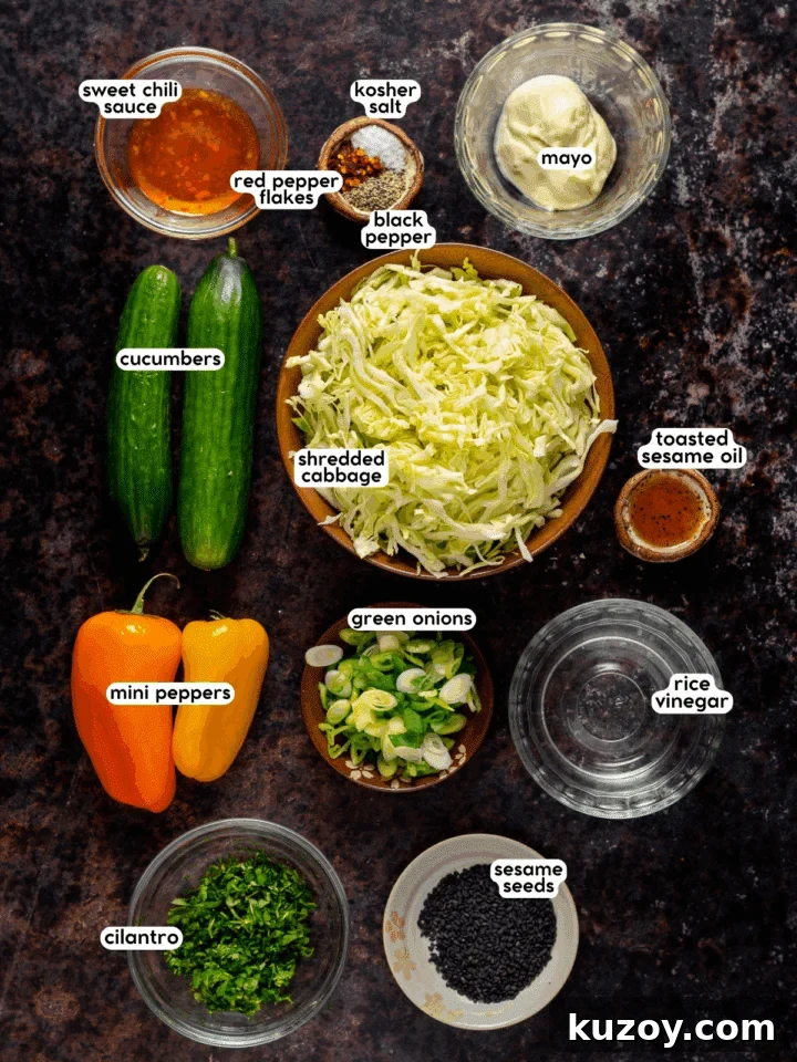 Asian Cucumber Slaw with Tangy Sweet Chili Dressing — Fresh Crunch and Zing 3 picture of the ingredients needed to make the recipe