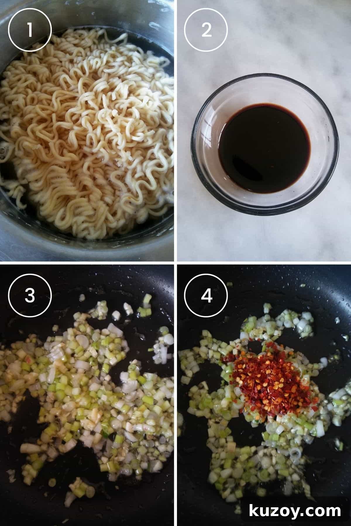 Four images showing cooking ramen, making sauce mix, sautéing onion, garlic, and chili flakes.