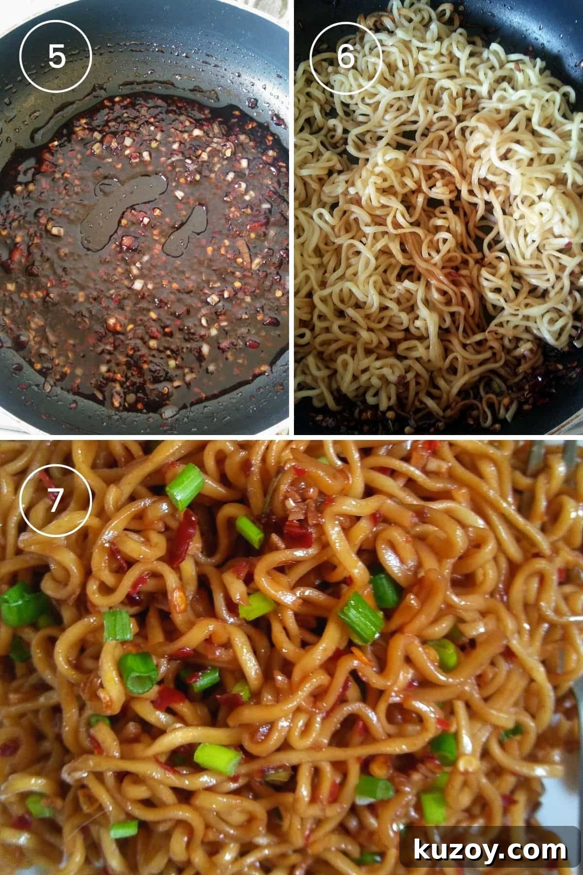 Three images showing preparing the spicy sauce, adding ramen, and sautéing everything together.