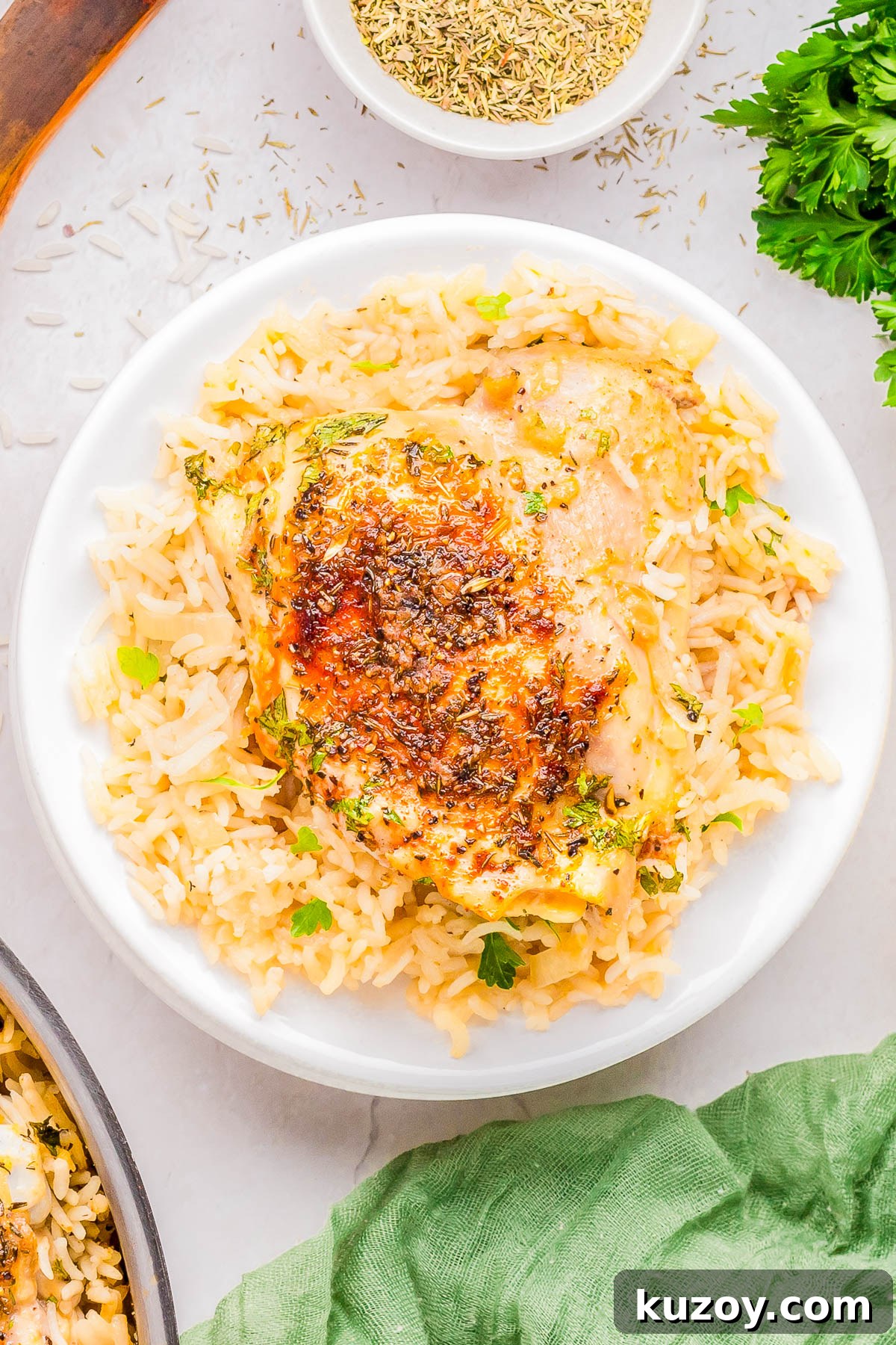 A plate of seasoned chicken breast on a bed of rice, garnished with fresh herbs.