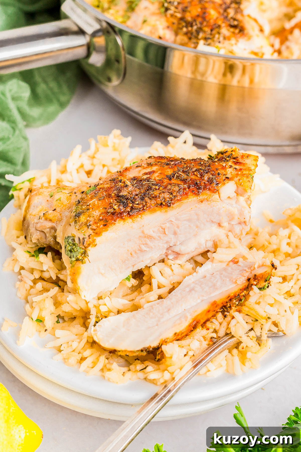 Sliced cooked chicken breast with herbs on rice, served on a white plate.