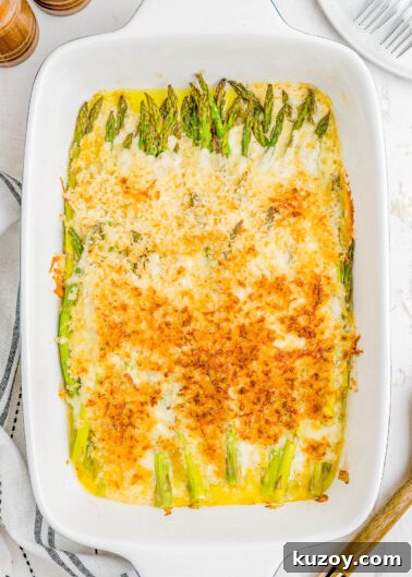 A baking dish of cheesy asparagus casserole with a panko topping.