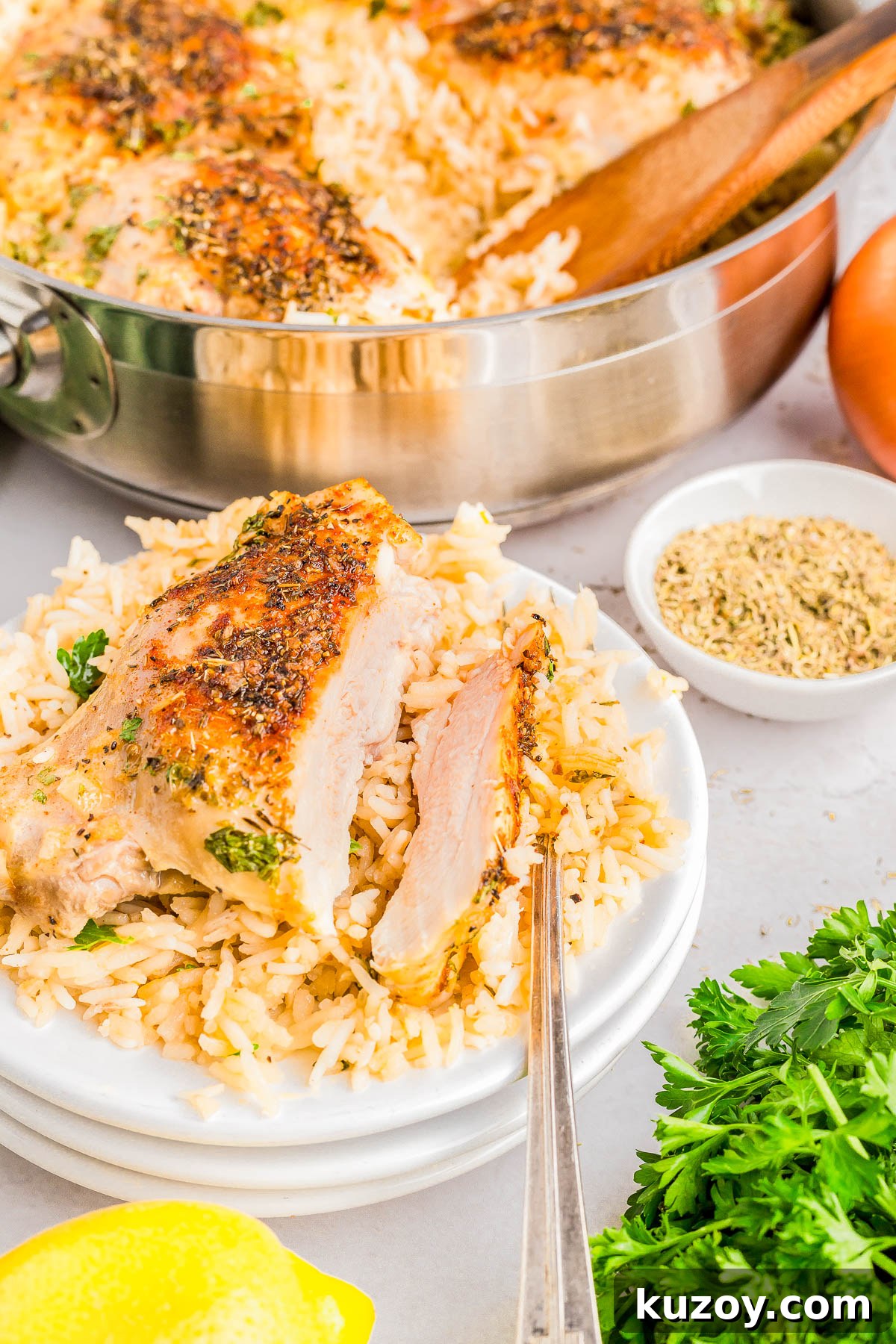 A plate of seasoned baked chicken served over rice, with a garnish of fresh herbs.