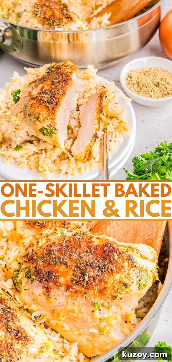 One-skillet baked chicken and rice dish in a pan and on a white plate, garnished with parsley.