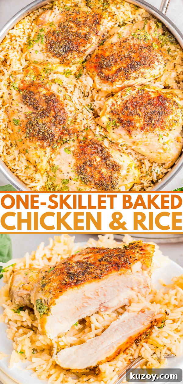 One-skillet baked chicken and rice dish with seasoned chicken breasts on a bed of rice.