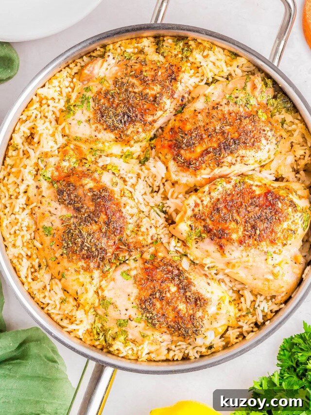 A skillet with seasoned chicken thighs on a bed of cooked rice, garnished with herbs.
