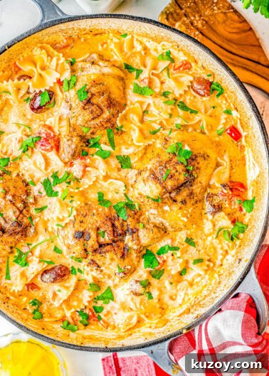 Mediterranean Baked Crispy Chicken and Pasta in a Dutch oven.