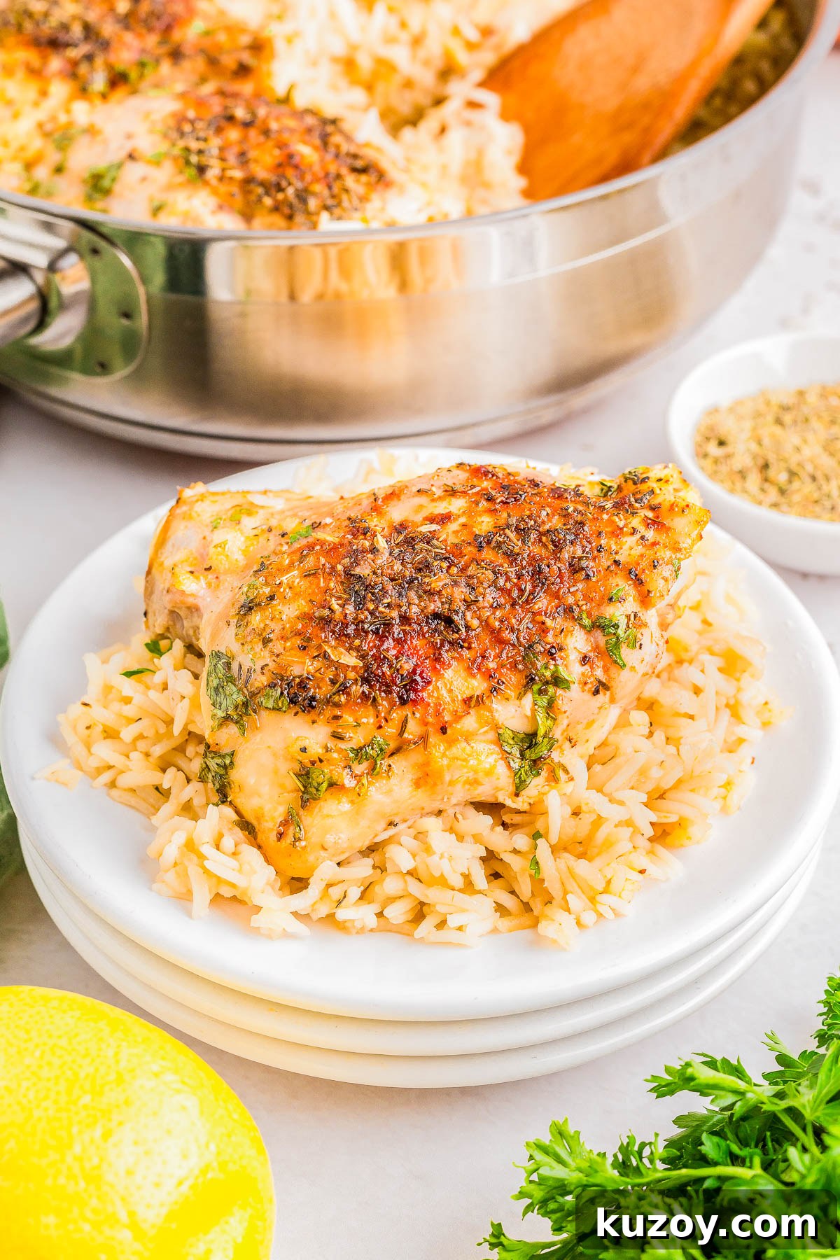 Grilled chicken breast on a bed of rice, garnished with herbs, in a white plate.