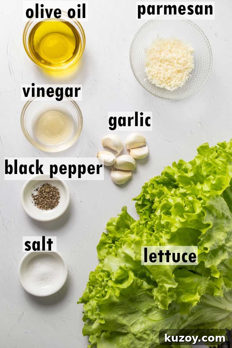 Toasted Garlic Salad with Crispy Garlic Dressing 3 Lablled ingredients including olive oil, parmesan, vinegar, garlic, black pepper, salt and lettuce.