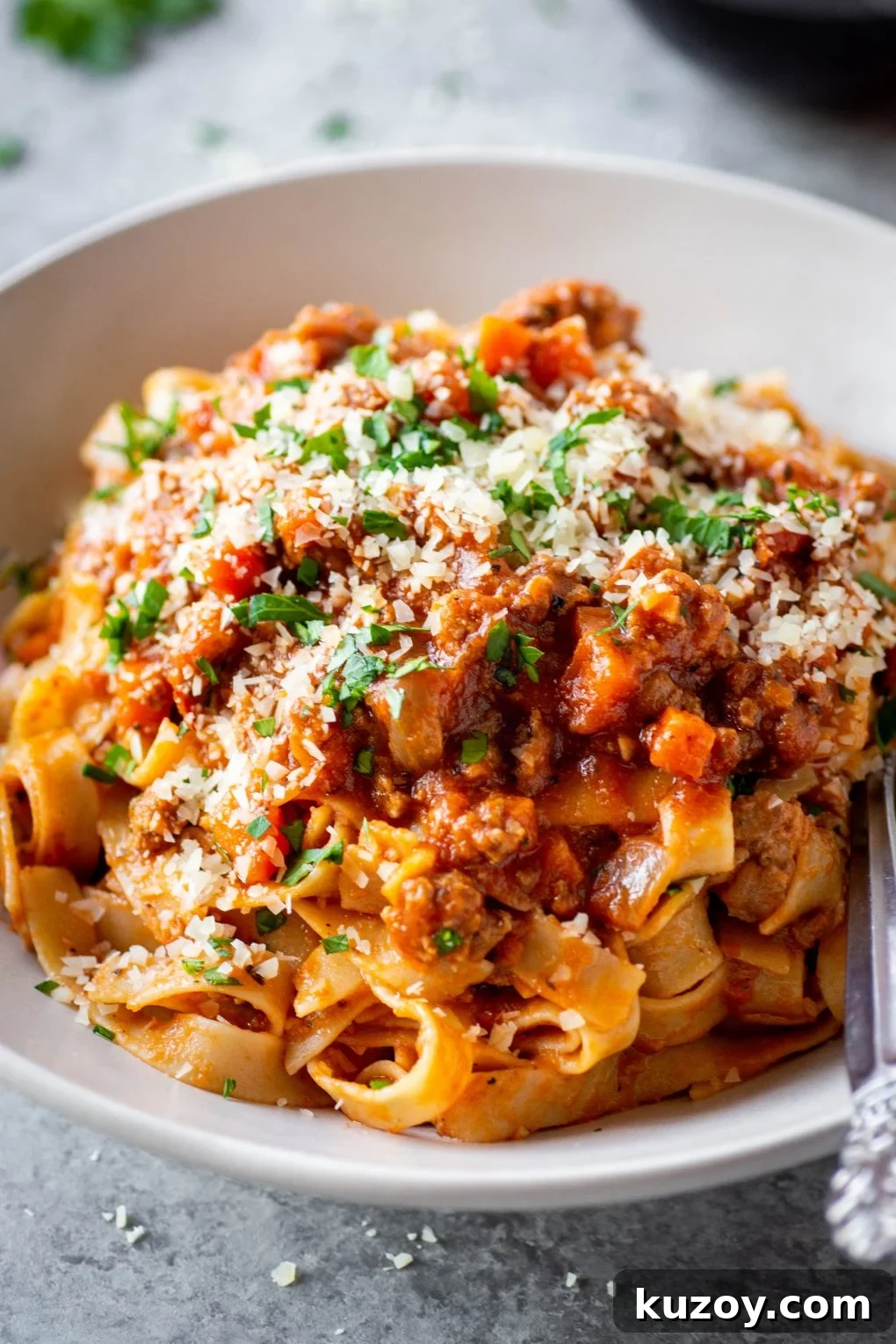 Pumpkin Ragu Pasta Sauce with Canned Pumpkin 6 A close up & side angle image of gluten free fettuccine pasta with pumpkin ragu sauce. The pasta is in a white bowl and topped with parmesan cheese and fresh parsley.