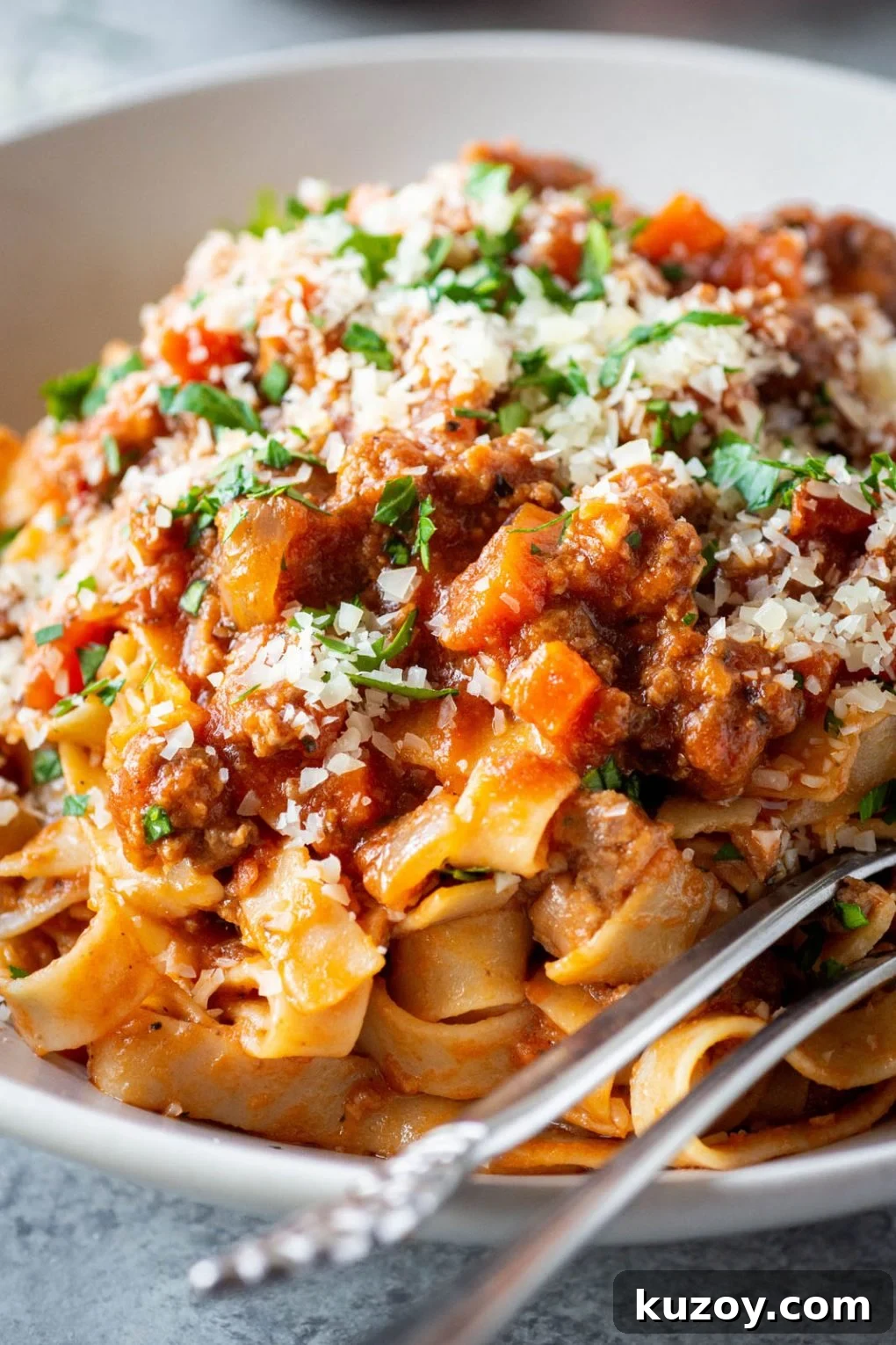 Pumpkin Ragu Pasta Sauce with Canned Pumpkin 7 Super close up & side angle view of fettuccine pasta with pumpkin ragu sauce. Topped with parmesan cheese and fresh parsley. There's a silver fork and spoon tucked into the side of the bowl.