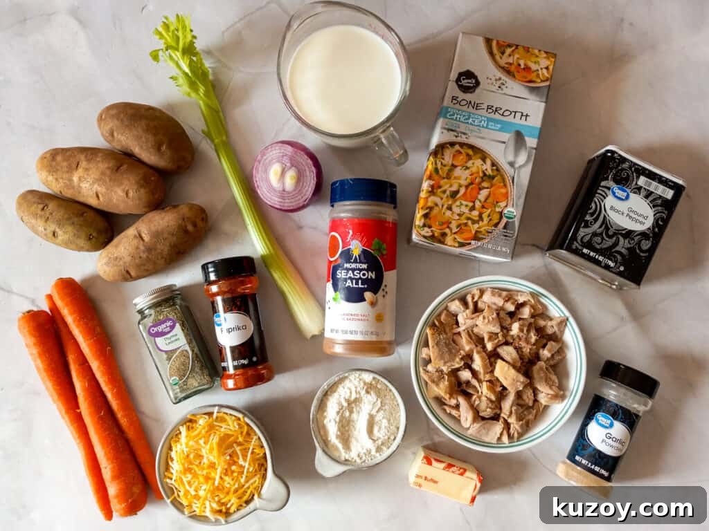 Ingredients: potatoes, carrots, onion, celery, chicken, chicken broth, flour, milk, cheese, butter, and seasonings.