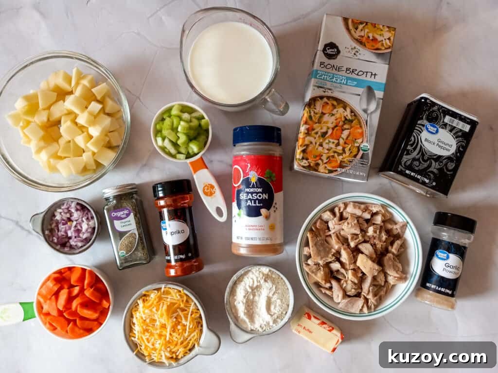 Prepared ingredients: chopped veggies, potatoes, chicken, broth, butter, flour, milk, and seasonings.