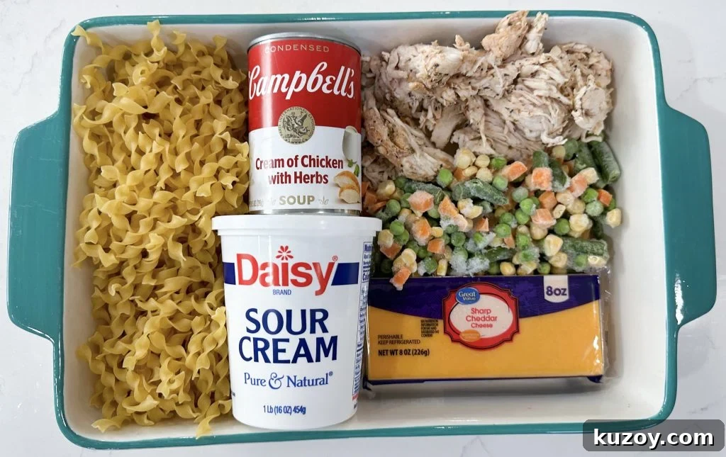 Dump-and-Bake Chicken Noodle Casserole Recipe for Busy Nights 2 Chicken noodle casserole in a baking dish topped with melted cheese