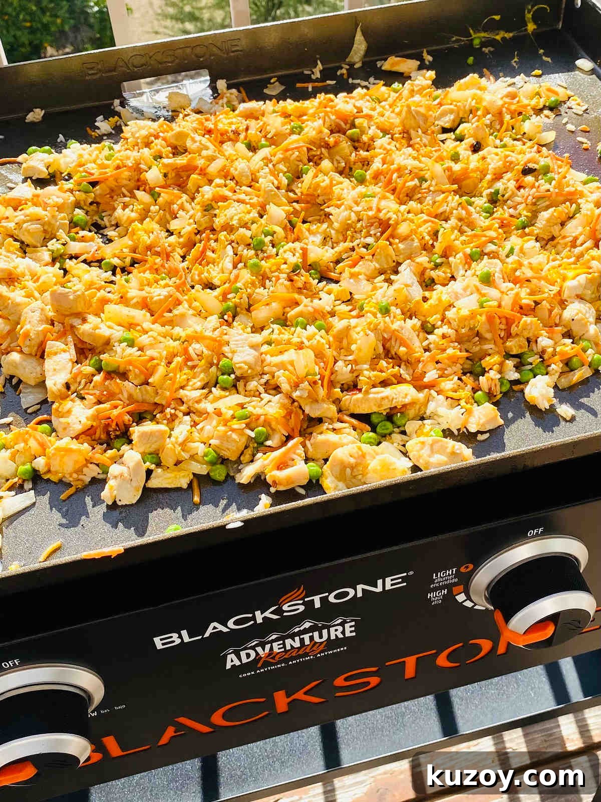 Blackstone-Style Fried Rice Recipe: Restaurant Flavor at Home 2 blackstone fried rice on flat top cooking.