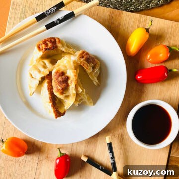 air fryer frozen potstickers cooked on a plate with chopsticks and soy sauce