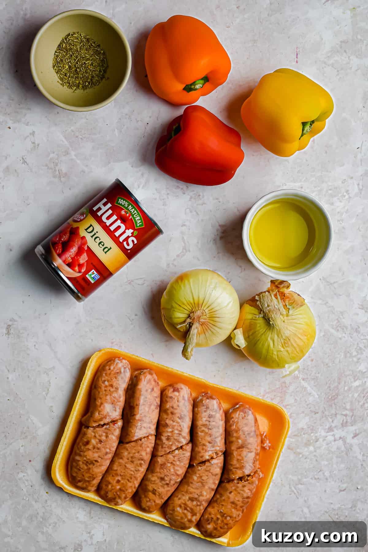 One-Pan Sausage and Peppers Recipe for Quick Weeknight Meals 3 An overhead shot of the ingredients for one pot sausage and peppers