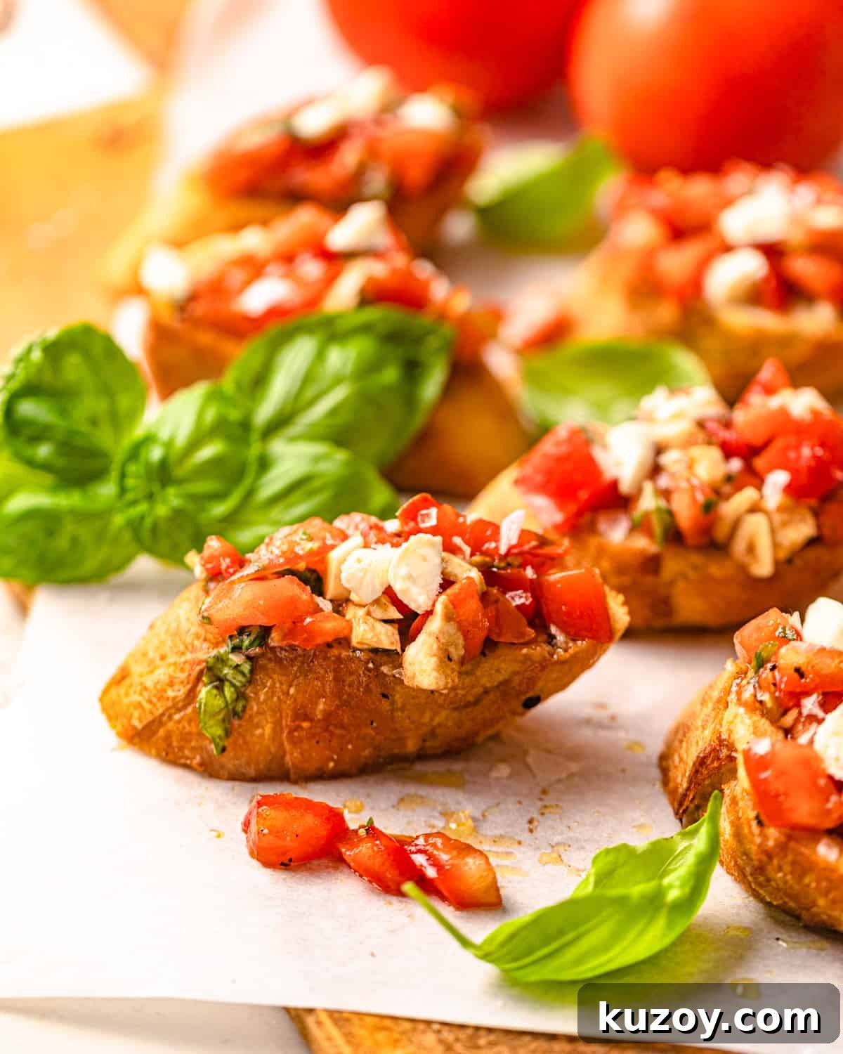 bruschetta with mozzarella garnished with fresh basil.