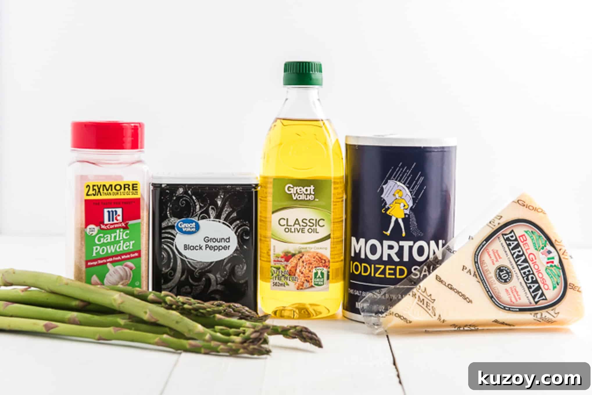 Crispy Air Fryer Asparagus Recipe with Garlic and Lemon 3 Ingredients used for air fryer asparagus lined up.