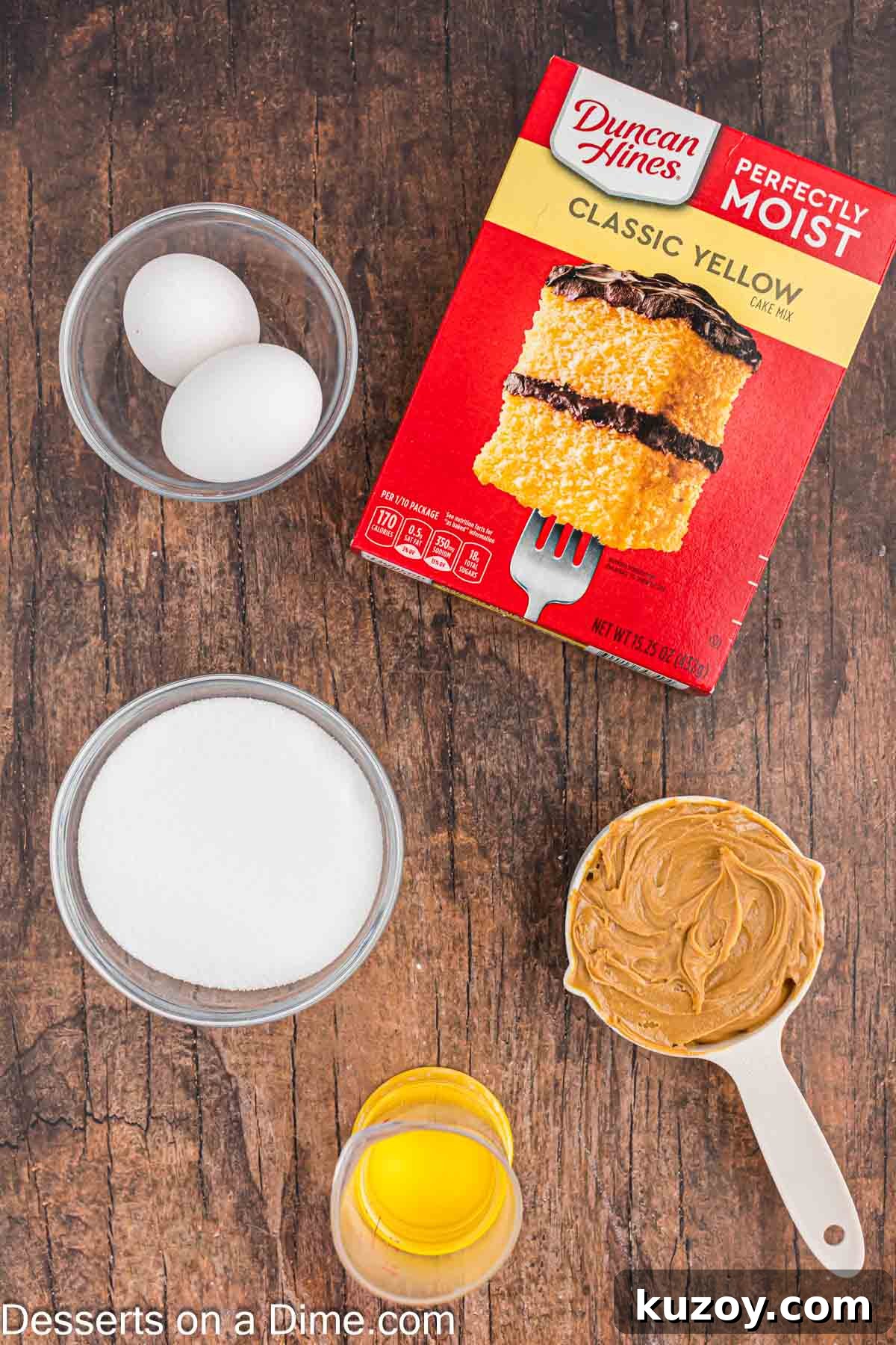 Ingredients for recipe - cake mix, peanut butter, sugar.