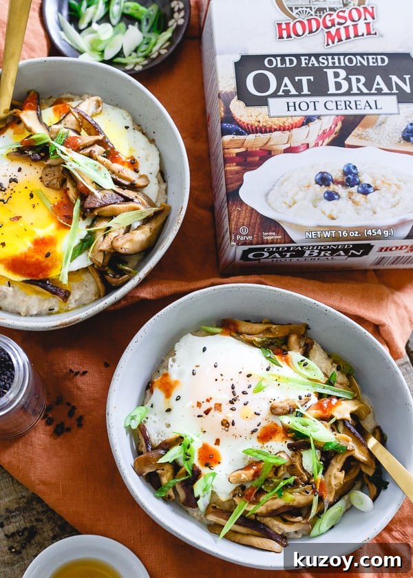 Savory Asian Oatbran Bowl: Ginger-Sesame Breakfast & Lunch Recipe 3 Savory Asian Oat Bran served in 2 bowls.
