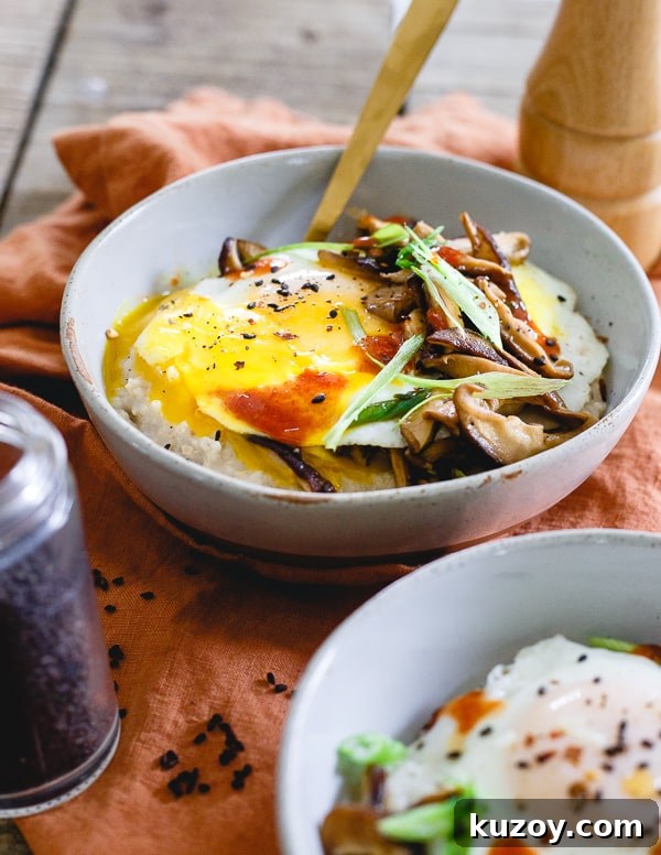 Savory Asian Oatbran Bowl: Ginger-Sesame Breakfast & Lunch Recipe 4 Savory Asian Oat Bran topped with a runny egg.
