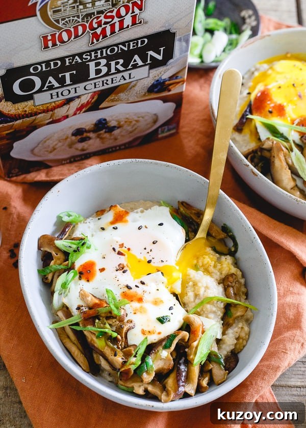 Savory Asian Oatbran Bowl: Ginger-Sesame Breakfast & Lunch Recipe 6 Savory Asian Oat Bran topped with a fried egg.